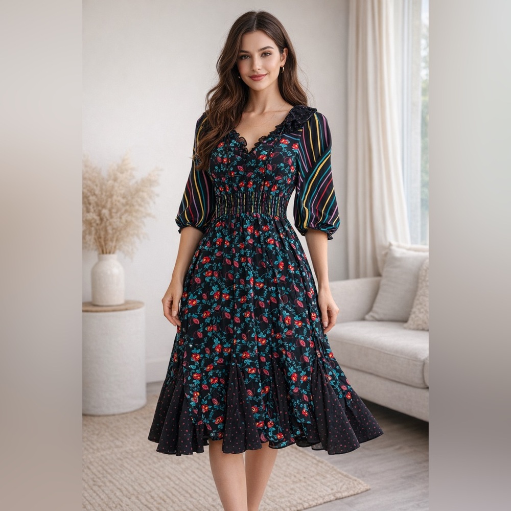 Betsey Johnson New York Vintage 90s Silk Floral Long Sleeve Dress